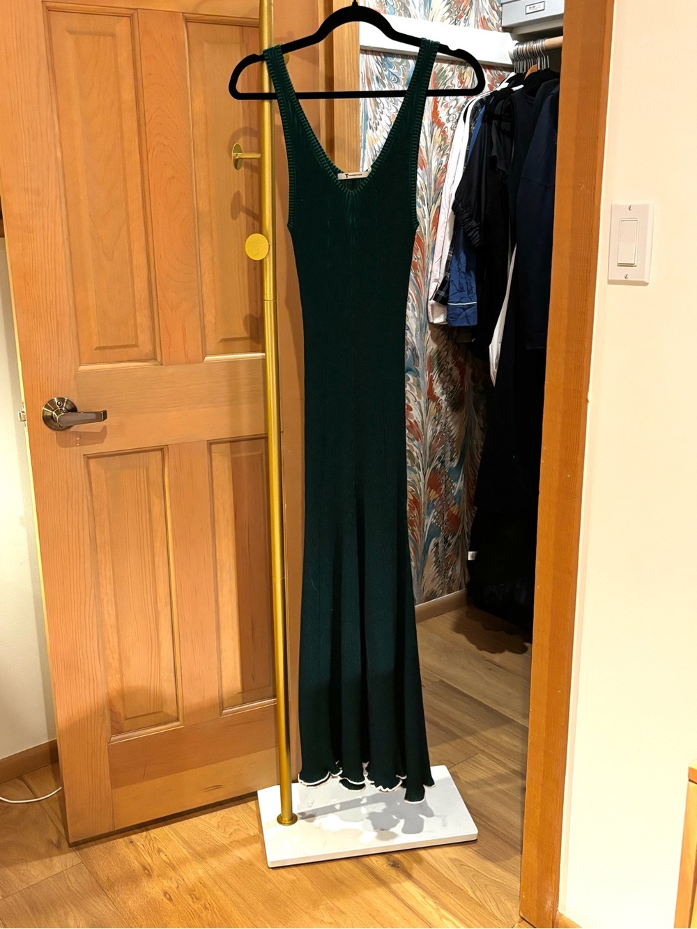 T Alexander Wang Dark Green Ribbed V‑Neck Maxi Dress